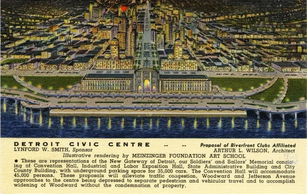 Colorful architectural rendering of Detroit Civic Center at night, showing a lit-up cityscape and a waterfront with reflections.