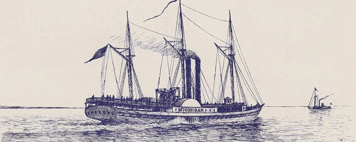 Old-fashioned steamboat with sails on calm water, other small boats in the distance, in blue-toned illustration style.