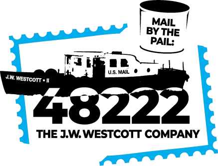 Black logo with bold, white text and blue border hinting a stamp shape.